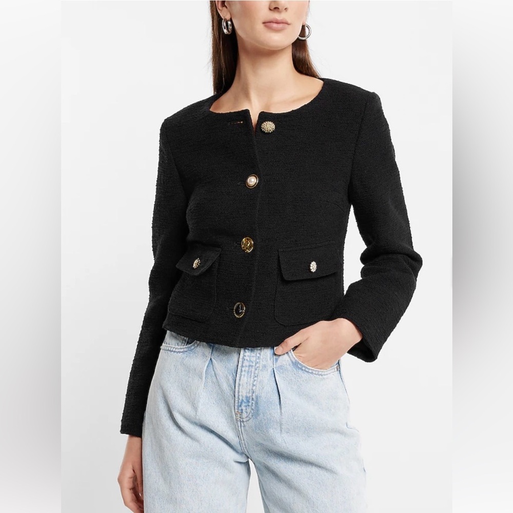 Express Mixed Button Front Boucle Tweed Jacket Size Large